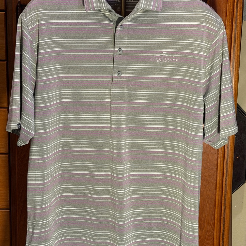 Matte Grey Contrast Brand Striped Short-Sleeve Polo in Olive and Lavender